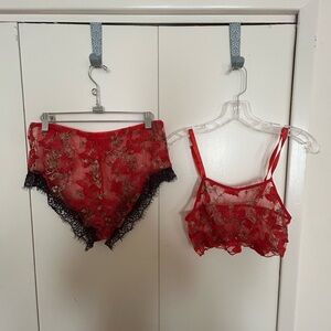 ROMWE Red Sheer Lace Bralette and High-Waist Panty Set